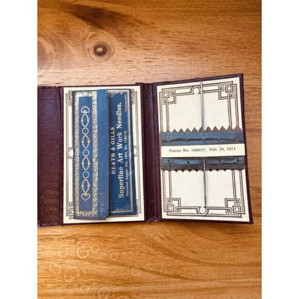 Antique Needle Booklet Double Folding Maroon With Blue Flowers‎ Czechoslovakia